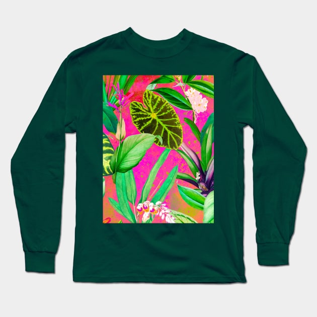 Stylish Tropical floral leaves and foliage botanical illustration, botanical pattern, tropical plants, pink orange leaves pattern over a Long Sleeve T-Shirt by Zeinab taha